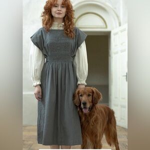 Voriagh Sage Green Smocked Ida Kaftan Dress